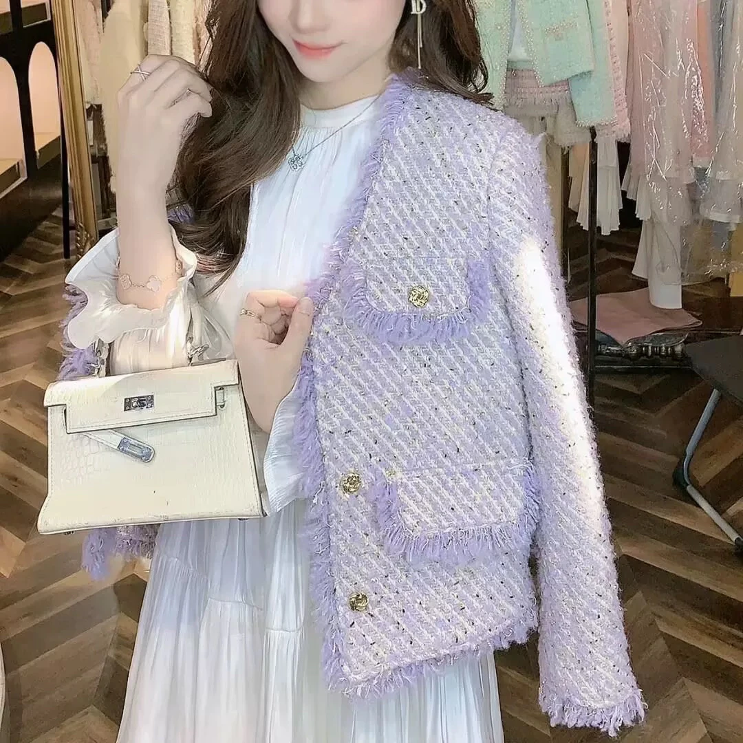 清仓不退换紫色亮丝流苏小香风外套女V领气质名媛编织