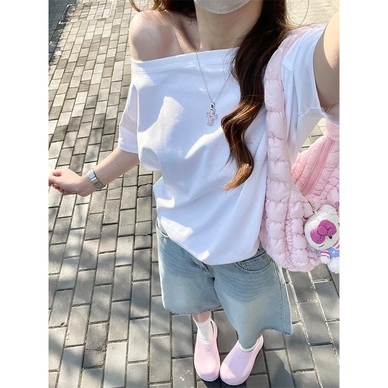 夏季新款辣妹纯欲风穿搭宽松显瘦短袖t恤女百搭斜肩上衣时尚休闲