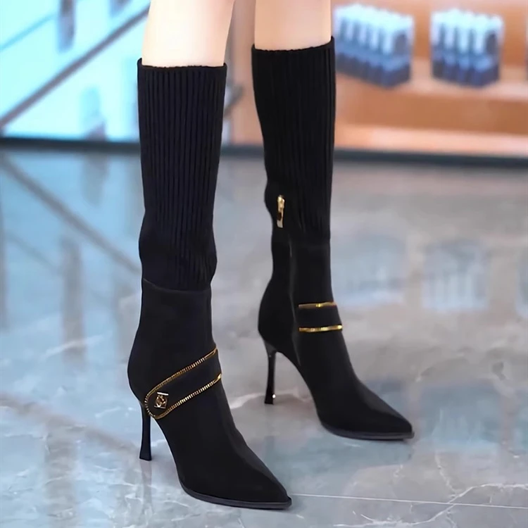 长靴女不过膝尖头皮带扣高跟袜靴2025秋冬新款弹力两穿细跟瘦瘦靴