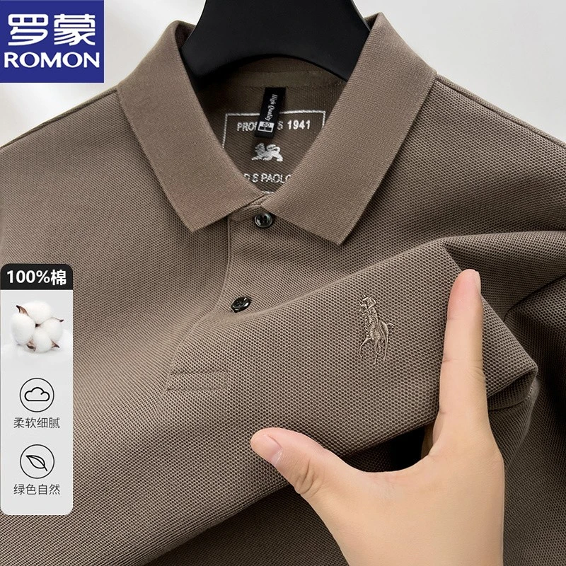 罗蒙纯棉长袖翻领t恤春秋季新款柔软透气宽松休闲商务男士Polo衫