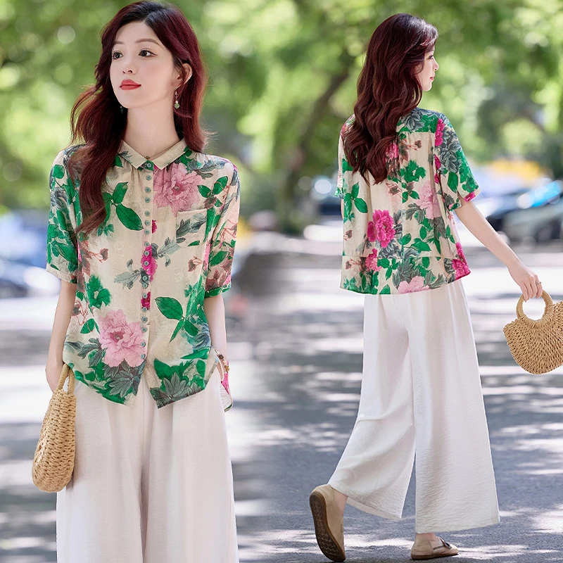 时尚印花短袖衬衫天丝麻套装女2025夏季减龄宽松显瘦阔腿裤两件套