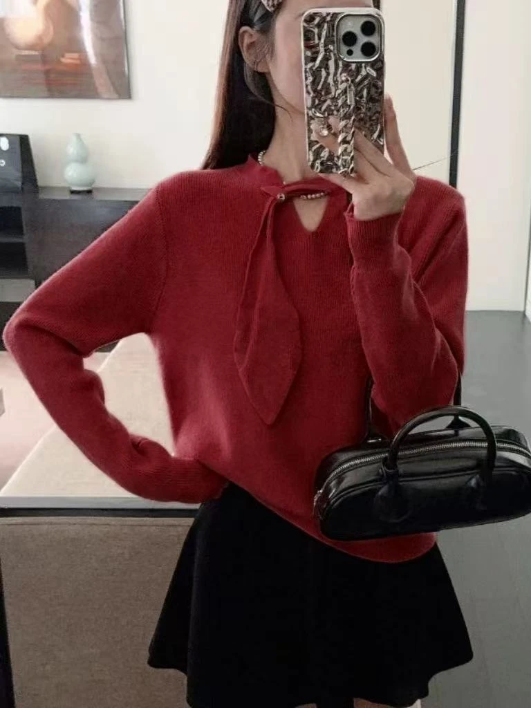 安迪绒飘带v领镂空毛衣女春秋冬内搭打底针织衫独特别致上衣潮