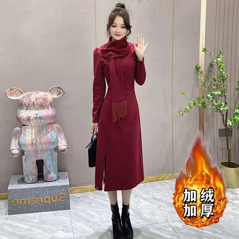 【加绒加厚】气质优雅新款V领洋气收腰显瘦长女装裙子2506