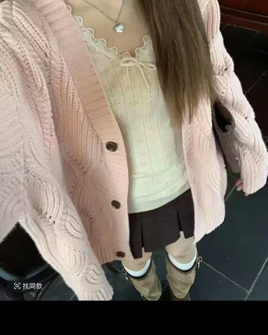 【粉童话】秋季ins气质温柔粗螺纹宽松V领针织衫