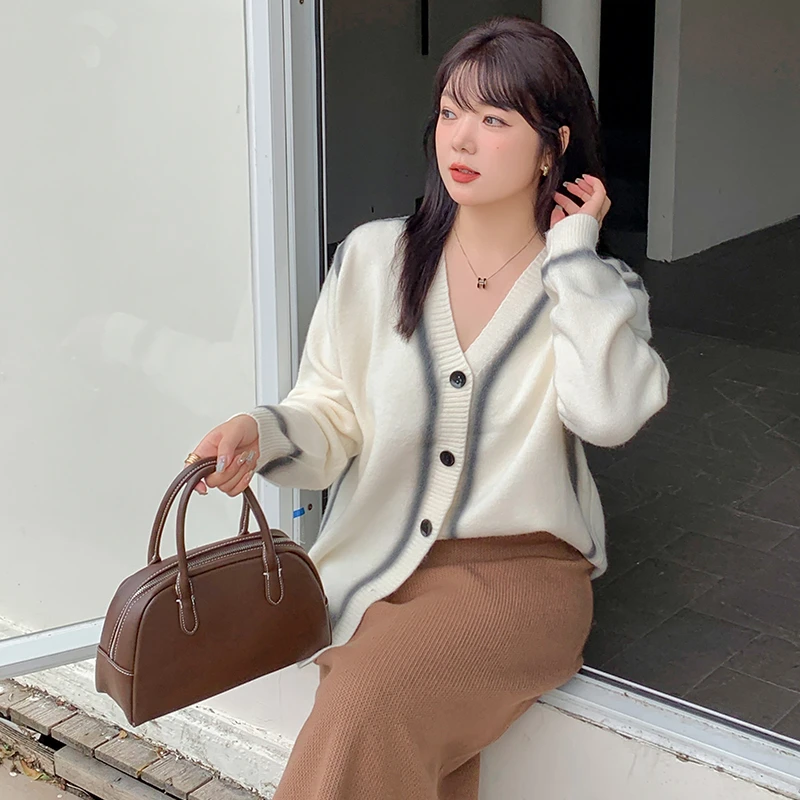 大码女装V领喷染针织开衫胖mm2024秋季甜美风休闲外套22523