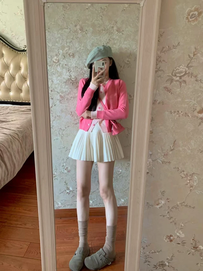 法式粉色假两件针织开衫套装2025新款秋季小个子穿搭一整套半身裙