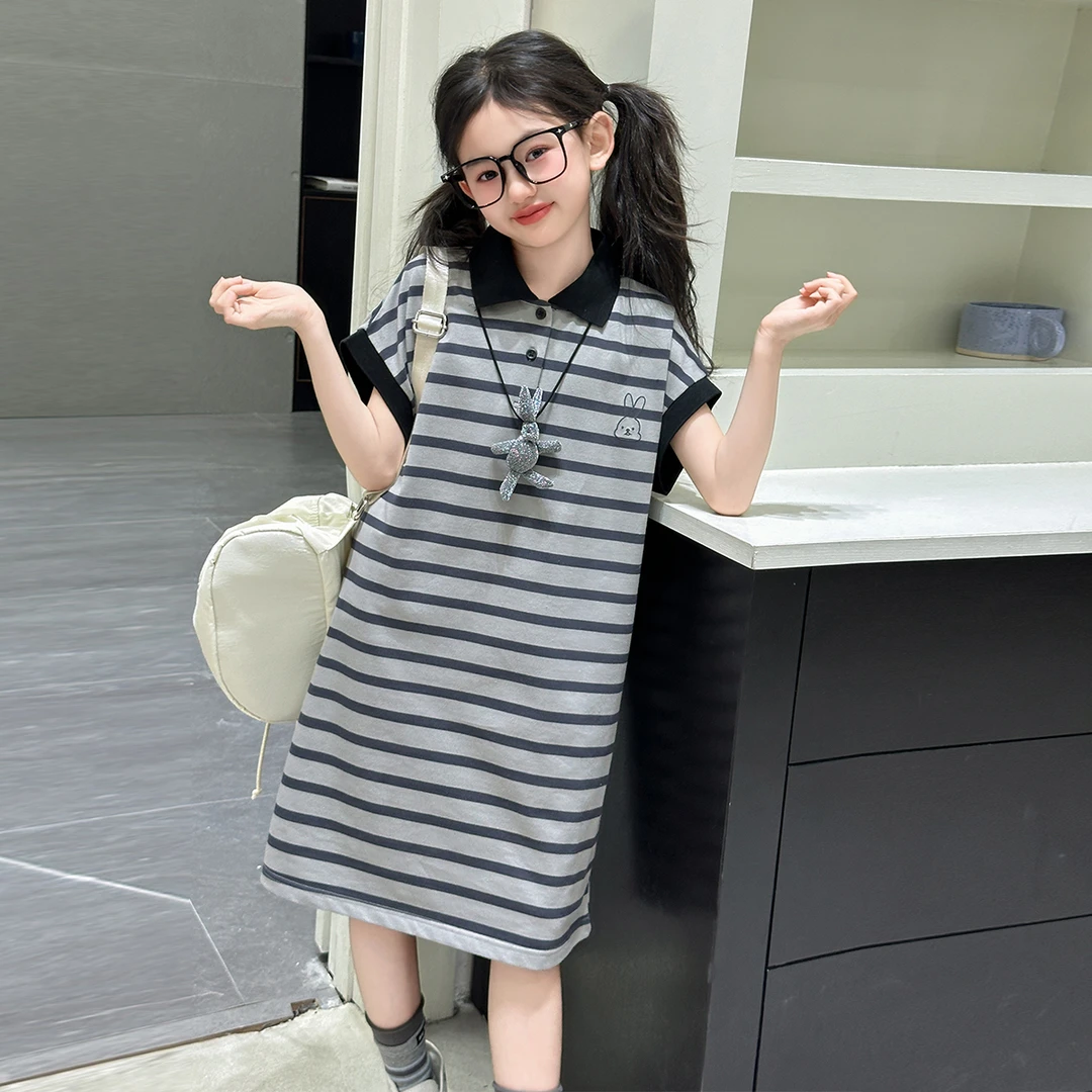 女童夏装条纹短袖连衣裙2025新款女大童洋气中长款夏季POLO领裙子