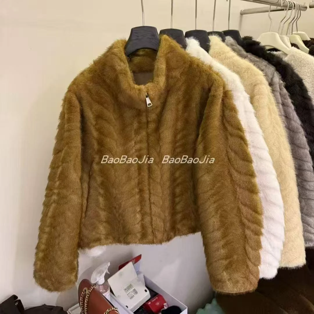 高级感皮毛一体外套女2025冬季款气质立领斜纹毛毛外套