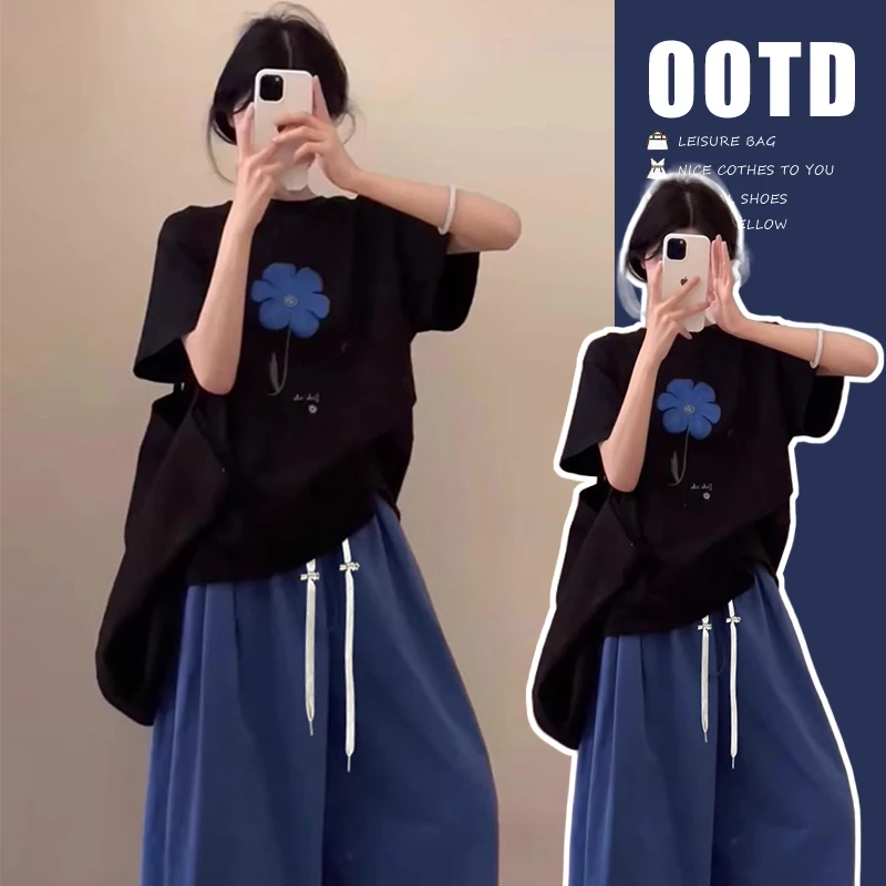 孕妇装2025春夏新款韩系外穿圆领百搭印花短袖高腰宽松孕妇阔腿裤