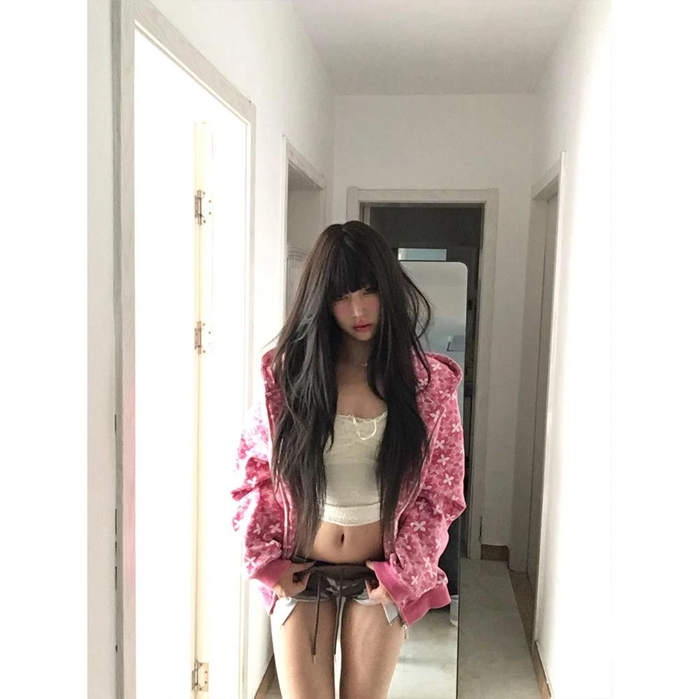 美式高街潮牌梵文印花连帽卫衣女秋冬加绒加厚宽松慵懒风开衫外套