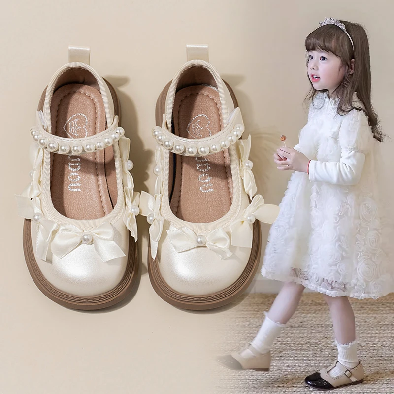 ABC 女童时尚韩版小香风珍珠蝴蝶结小皮鞋2025年春秋款浅口表演鞋