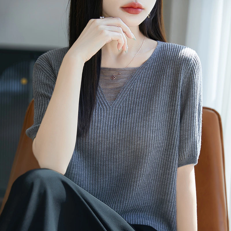 品牌2025夏季镂空纯色短袖针织衫女士百搭上衣大圆V领T恤薄款透气