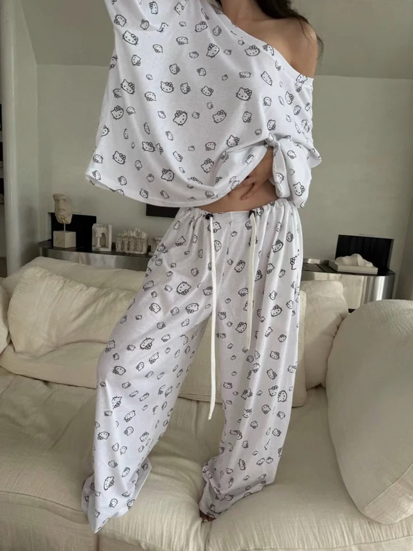 韩版少女kt猫印花露肩睡衣女套装春秋季新款舒适薄款可外穿家居服