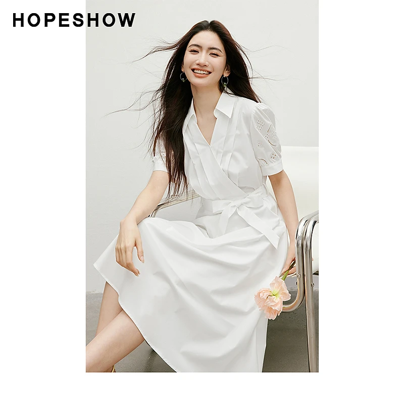 红袖2025夏季女装 泡泡袖交叉V领套头短袖衬衫连衣裙90125111611