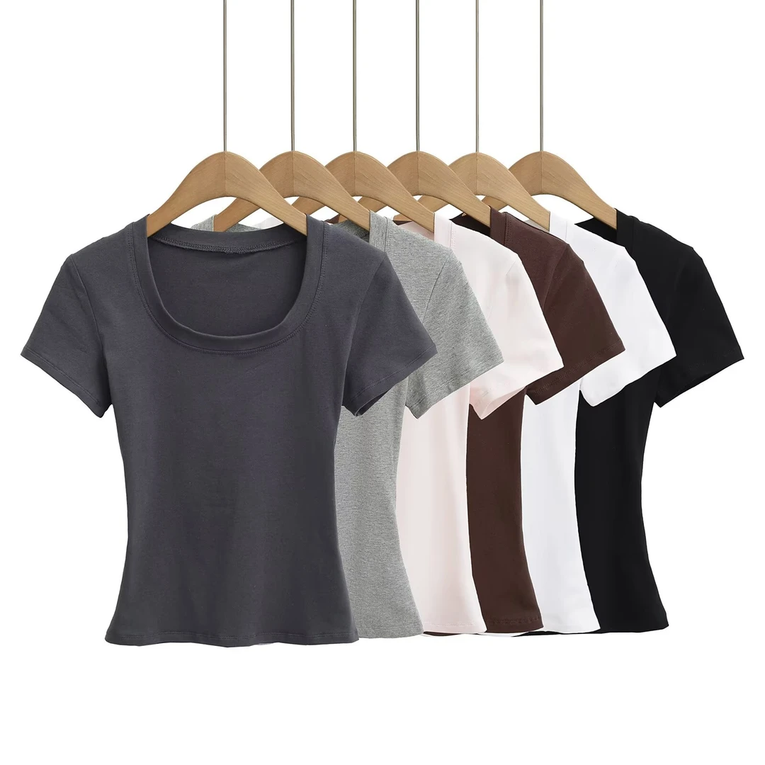 辣妹风灰色大u领短袖t恤女短款新款修身显瘦弹力体恤高腰上衣