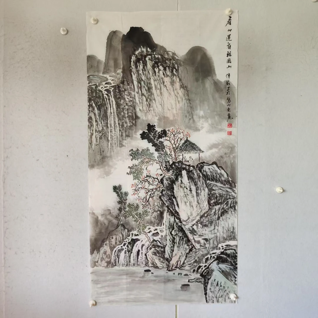 4625  多年前纯手绘老字画《山水》中堂  尺寸 137×68