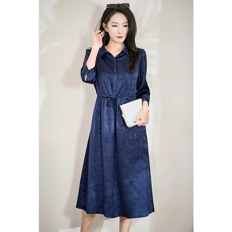 藏青色翻领上档次高级2025春季女优雅新款连衣裙#CLQ17800