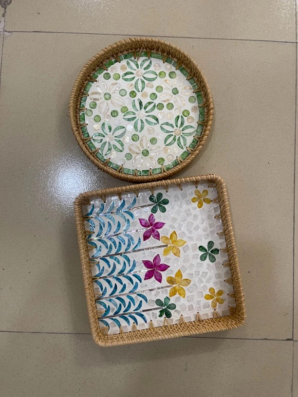 藤编贝壳28*28*4+28*3方圆小花园杨桃花贝壳盘水果盘