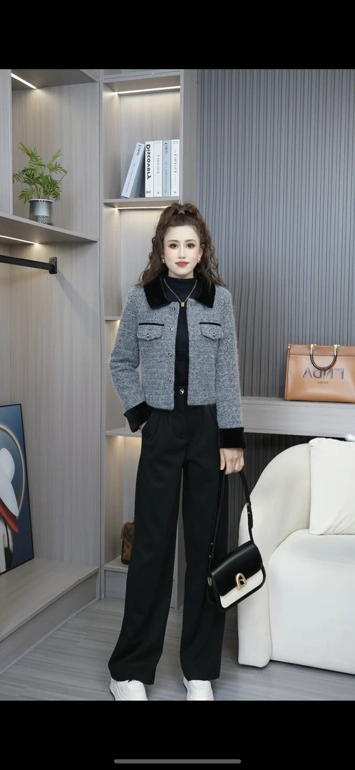 夹棉加厚秋冬新款气质高级感小香风套装外套高腰毛呢阔腿裤两件套