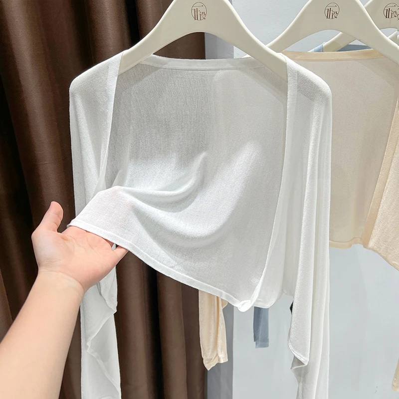 白色透视针织短款长袖披肩夏季吊带裙外搭防晒开衫宽松韩版上衣女