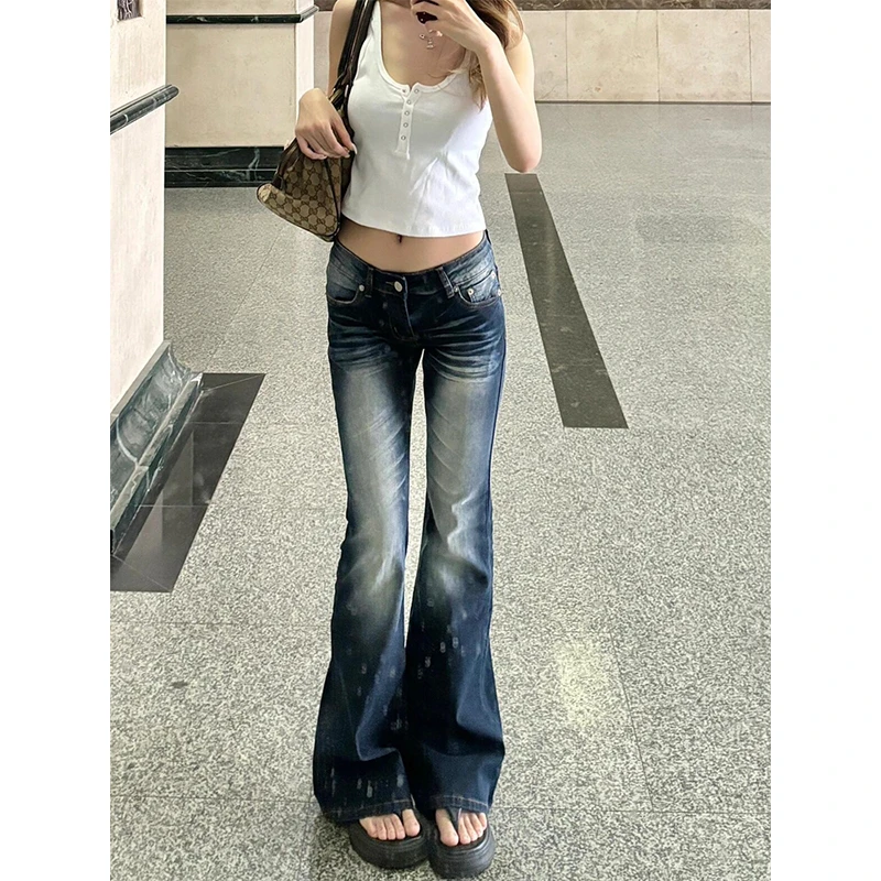 美式辣妹水洗低腰微喇牛仔裤女夏季新款修身弹力显瘦直筒阔腿裤子