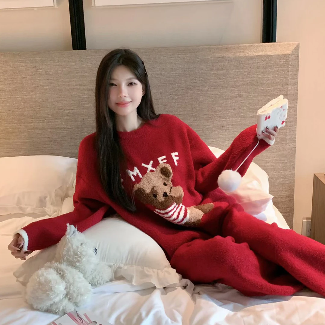 半边绒可爱红色小熊睡衣女秋冬季加厚保暖可外穿家居服ALE