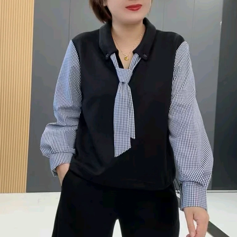 梦梦家5032款时尚洋气休闲百搭格子拼接秋季假俩件长袖衫