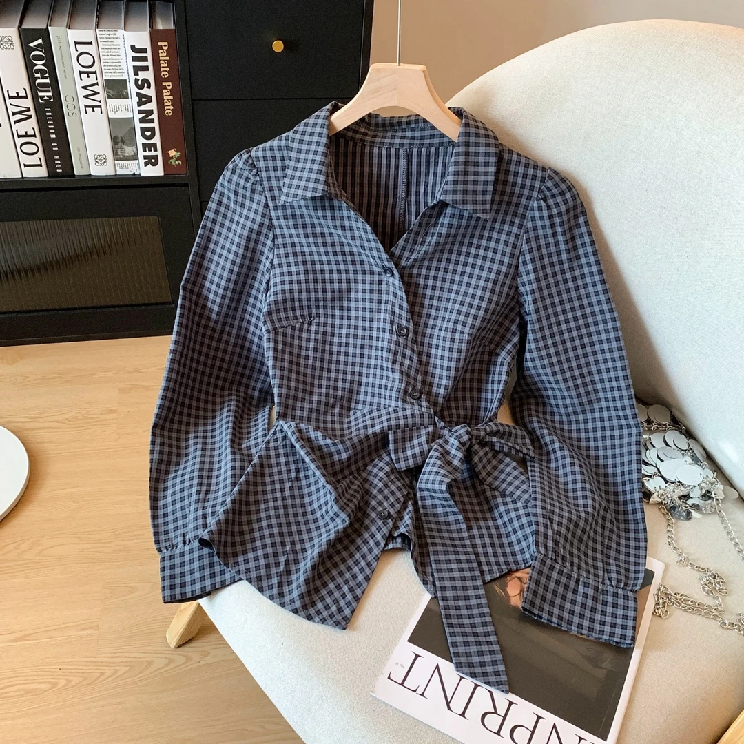 复古宽松气质格子长袖衬衫女士春秋季爆款设计感绑带收腰显瘦上衣