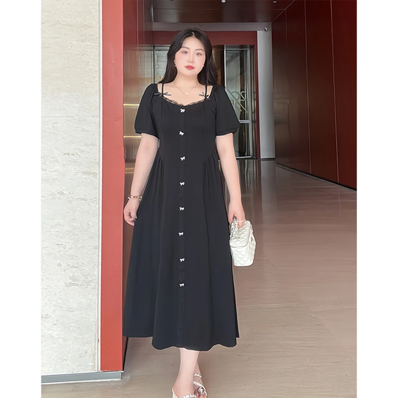 大码方领一字肩连衣裙2025夏季新款吊带蝴蝶结收腰小黑裙242439