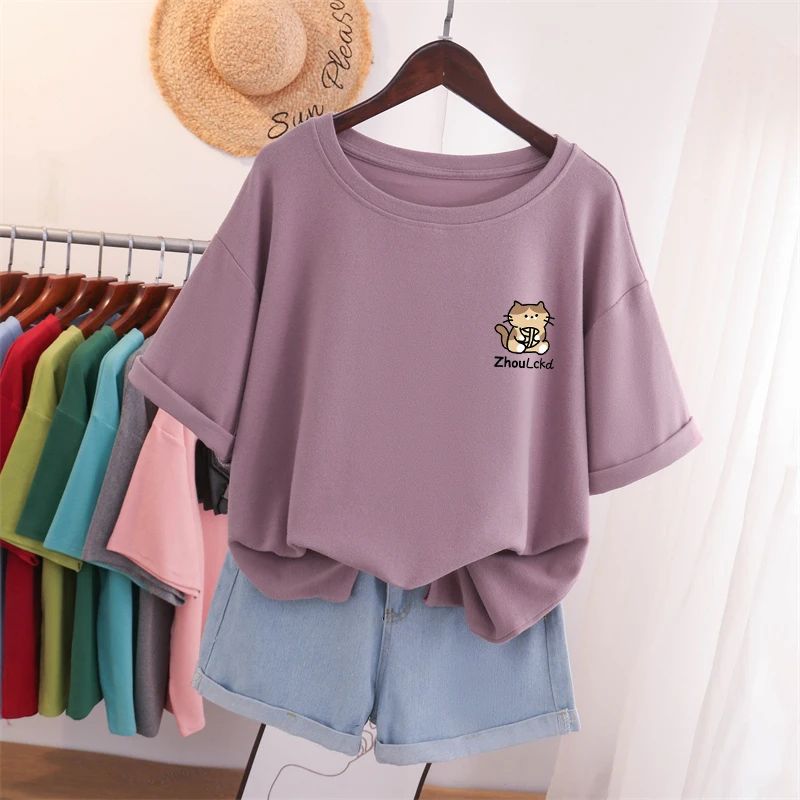 宽松oversize大码胖mm圆领纯棉短袖t恤女装设计感小众休闲上衣服