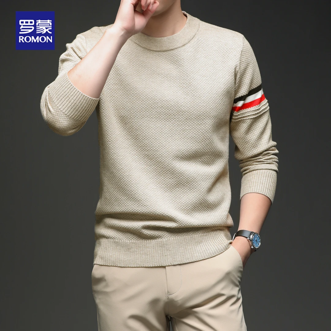 罗蒙秋冬季条纹毛衣打底衫男士韩版中青年圆领套头卫衣休闲针织衫