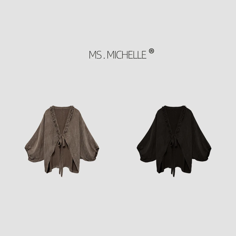 MS.MICHELLE 百搭宽松蝙蝠袖花边绑带斗篷小外套5258