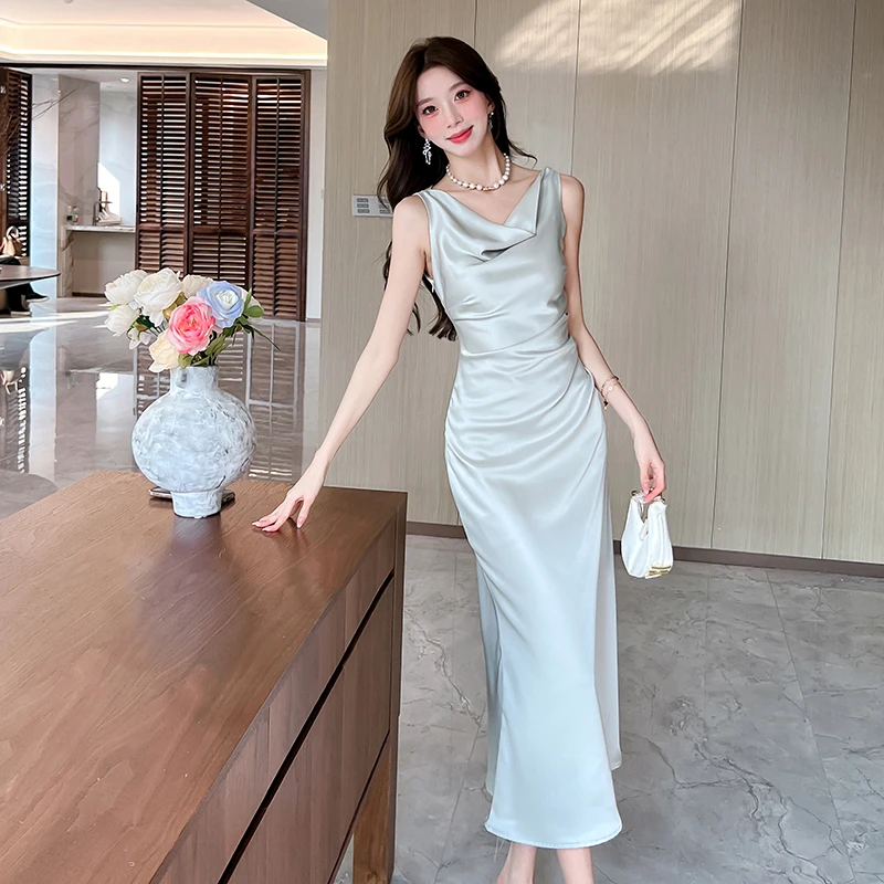 新款气质公主裙法式纯色中长裙荡领斜肩单件聚酯纤维收腰设计女性