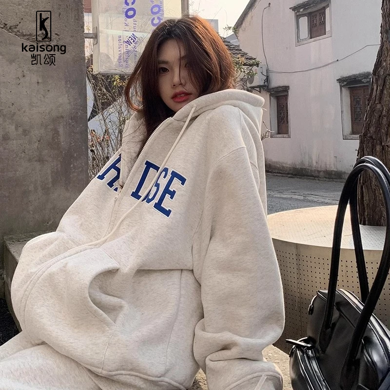 凯颂加大码300斤韩系慵懒拉链开衫卫衣男女秋冬潮流宽松连帽外套