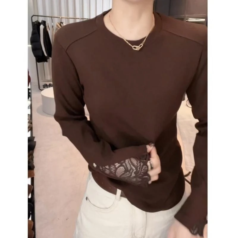 2025秋季新款长袖T套头圆领蕾丝拼接女装上衣百搭打底衫内搭春秋