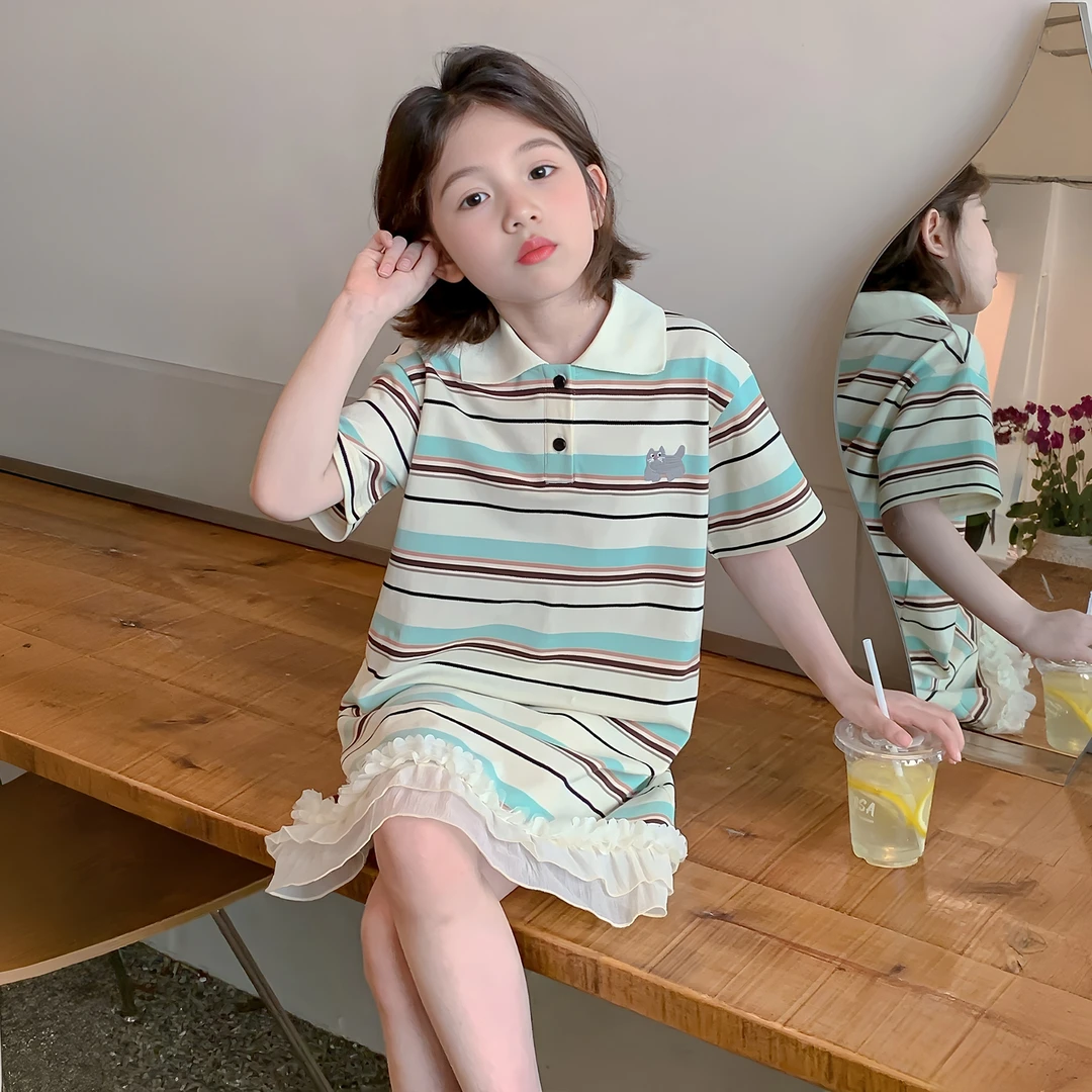 女童连衣裙夏装2025新款POLO领短袖条纹韩版洋气连衣裙Q13641