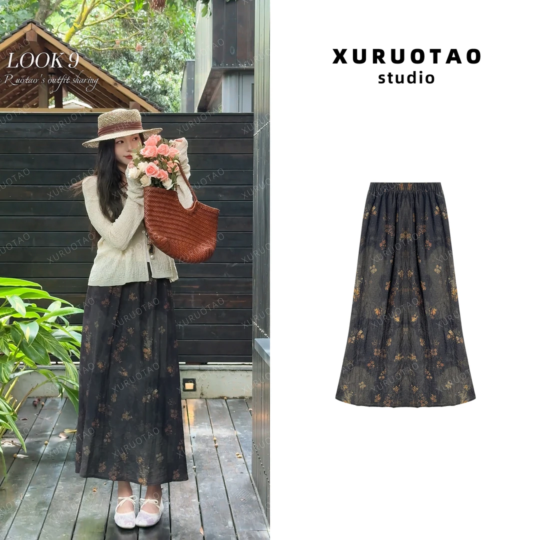 XURUOTAO 【旧梦】 碎花天丝设计感松紧显瘦花色半身裙 T5462