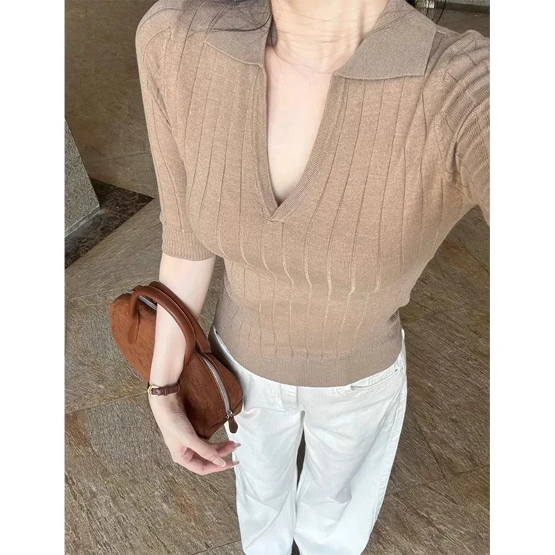 法式v领中袖针织衫女老钱风t恤夏季修身正肩系带收腰短袖Polo上衣