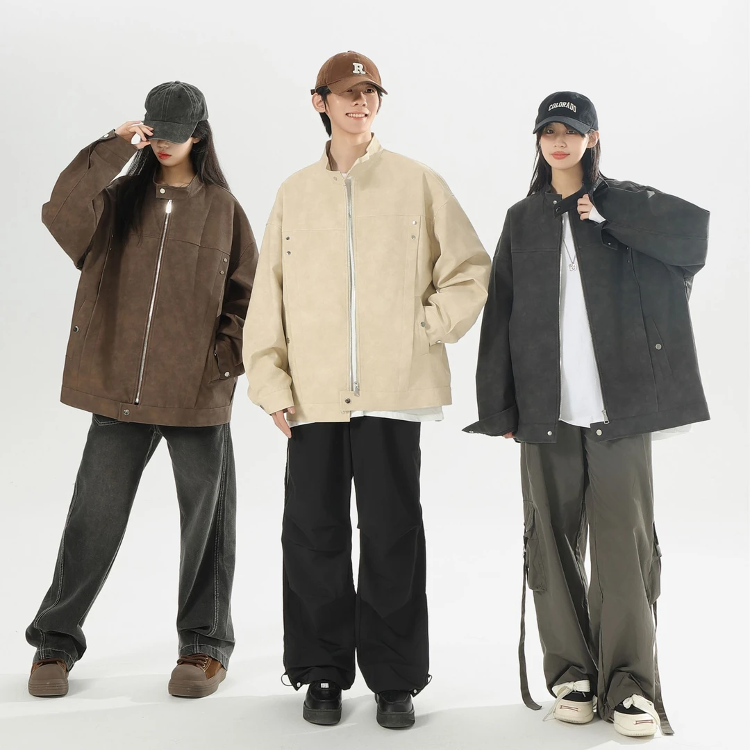 MANRE SHOW美式复古立领皮衣男女款春季高街百搭外套潮流机车夹克