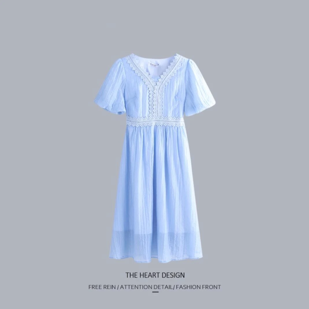 邻家集品/连衣裙/82328116/气质/长裙/蕾丝/蓝色/夏季/法式显瘦