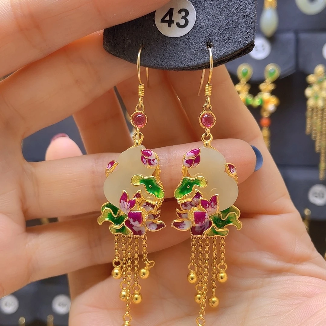 和田玉银S925镀金镶嵌耳饰