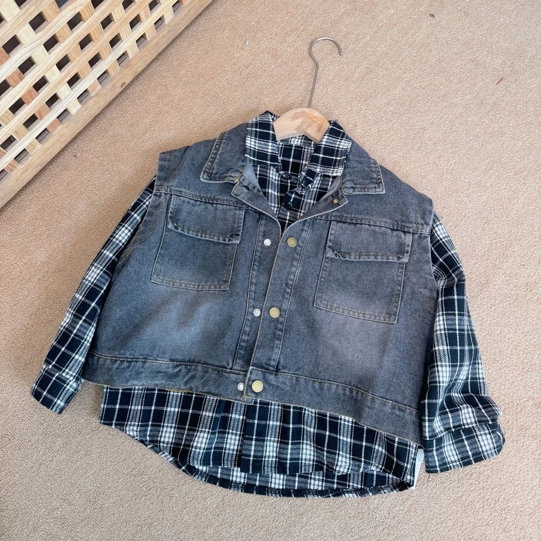 【新疆包邮】秋季新款格子衬衫牛仔马甲两件套04503