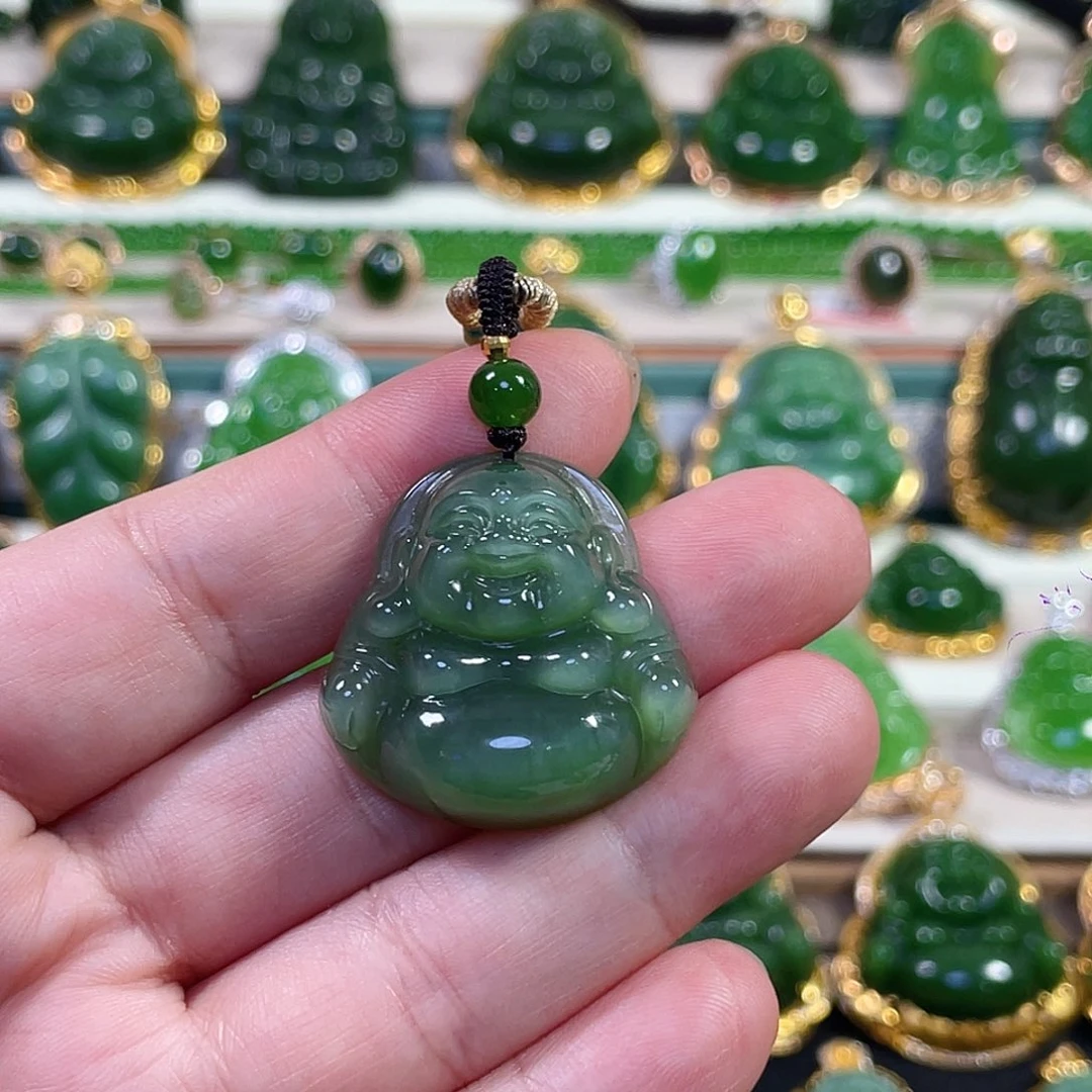 颈饰18K金镶嵌和田玉（碧玉）猫眼佛公30mm