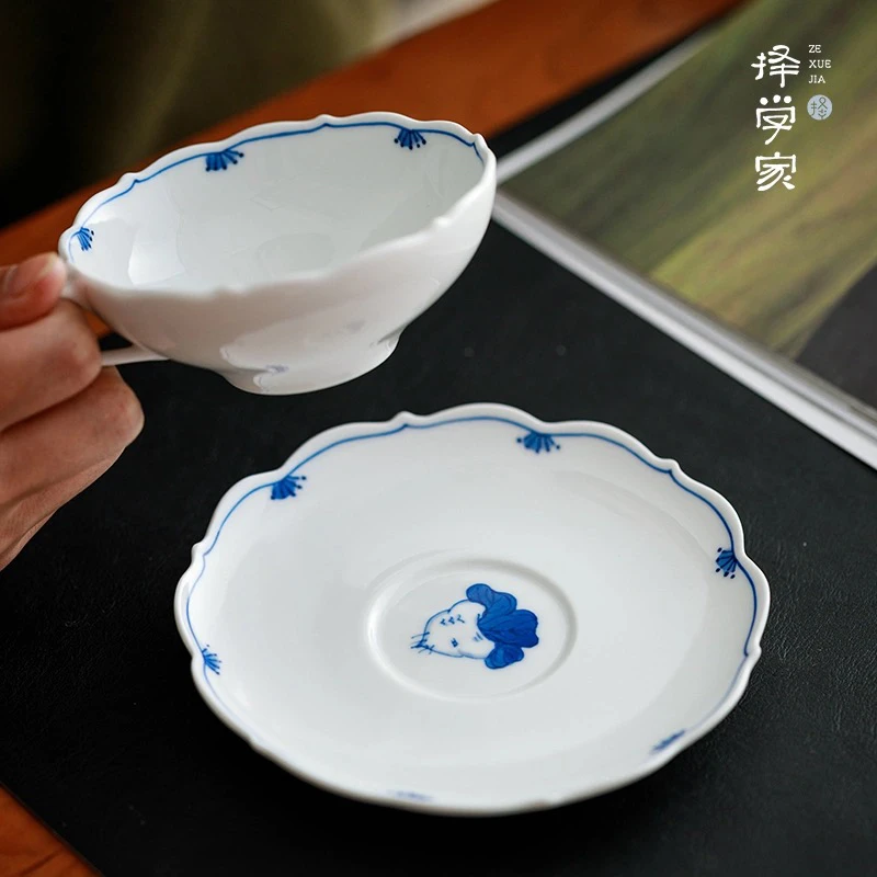 择学家兔子萝卜咖啡杯景德镇青花瓷手绘咖啡杯碟茶杯情侣对杯礼物