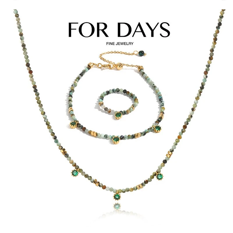 FOR DAYS 铜合金锆石项链 轻奢小众绿色手工串珠项链