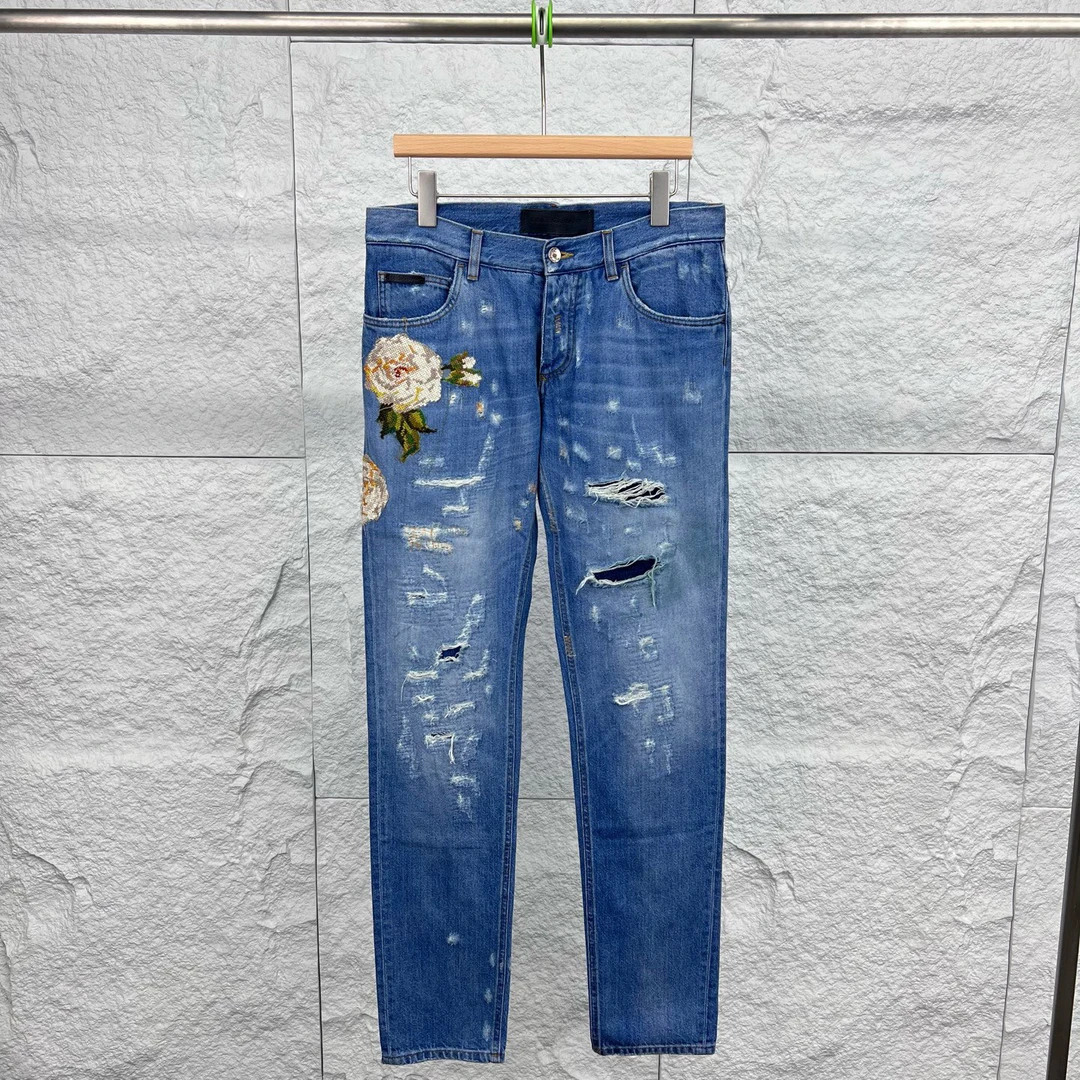 99新 YSL/圣罗兰 48码/蓝色重工绣花刺绣直筒牛仔裤/13343456