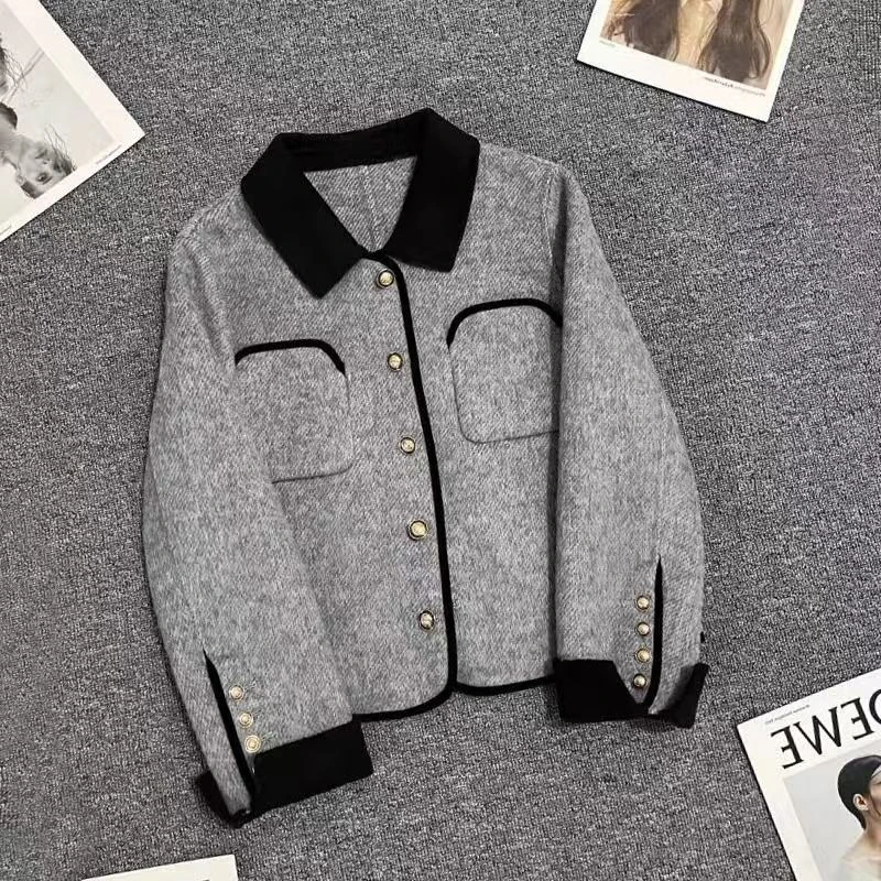 小香风撞色翻领双面羊毛大衣毛呢外套女2025春季新款轻奢气质显瘦