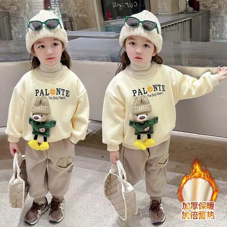 儿童加绒套装秋冬立体小熊洋气新款套装2024时尚洋气立体感小熊套