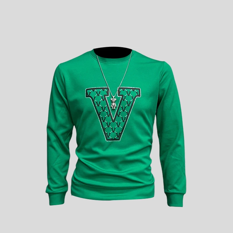 ohmmayby秋冬新款V烫钻卫衣男士潮流长袖体恤打底衫修身上衣时尚