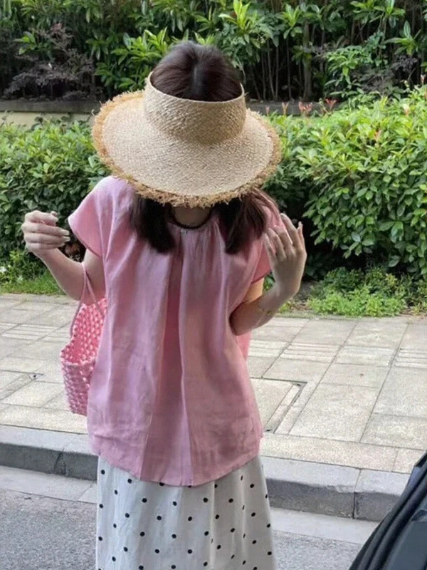 绝美粉色设计感圆领一粒扣褶皱小飞袖衬衫女夏季韩系chic别致上衣